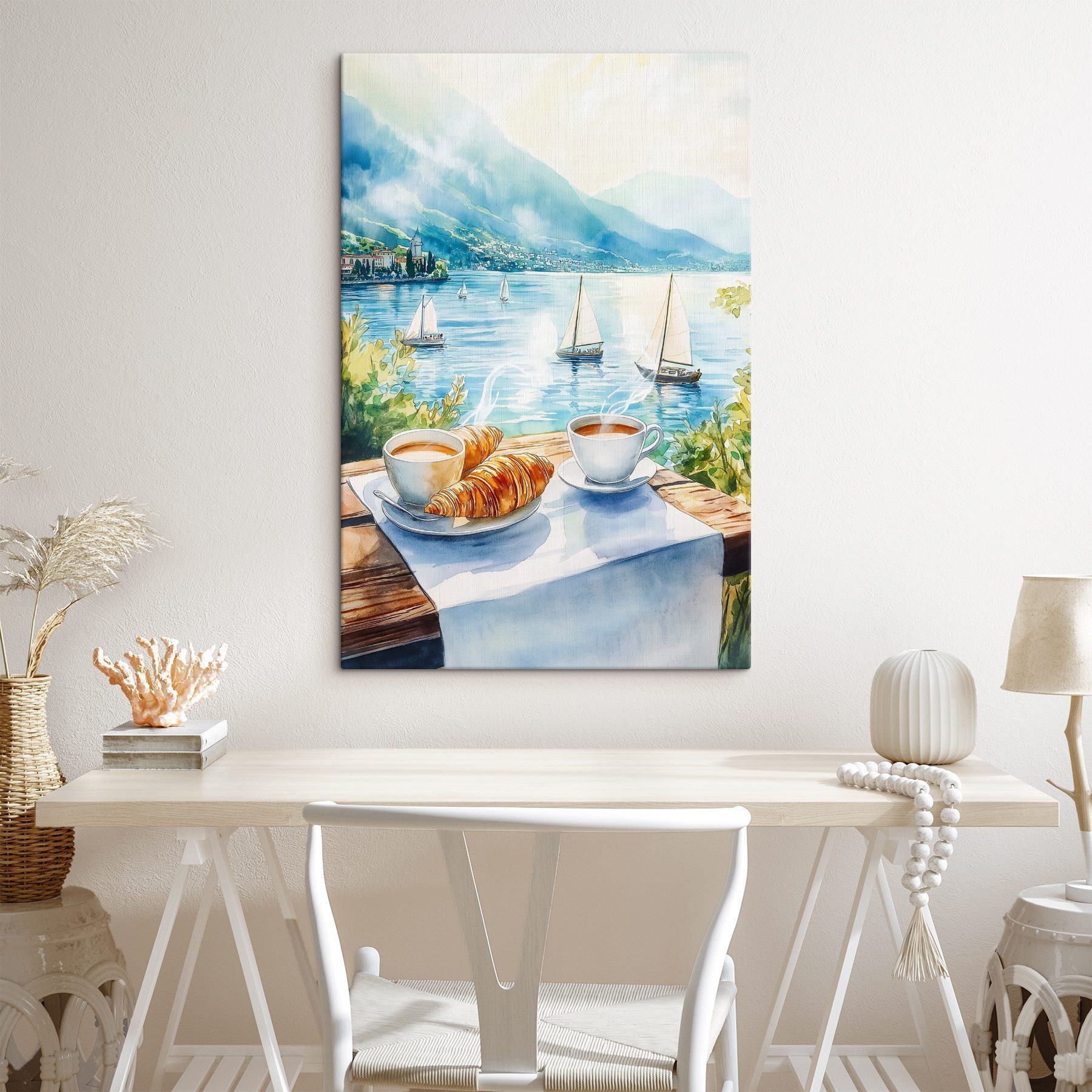 Watercolor painting of a table with coffee and croissants on it Watercolor painting of a table with coffee and croissants on it
