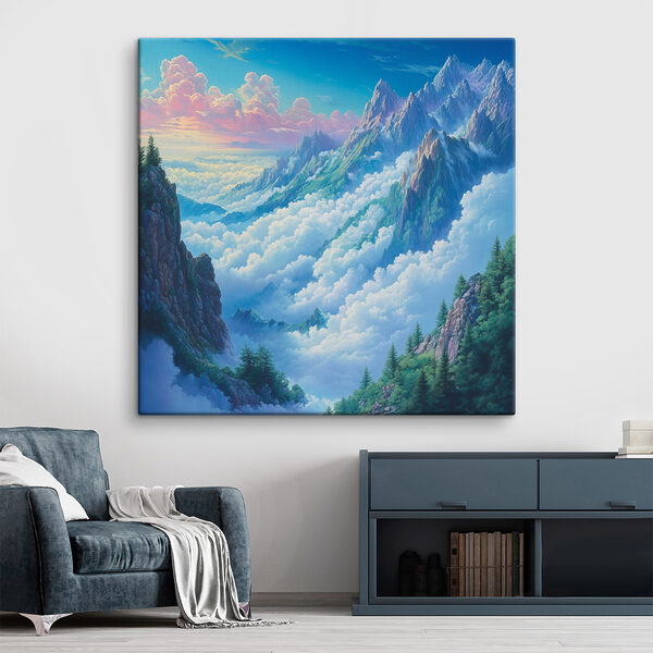 Mountain range with clouds and trees