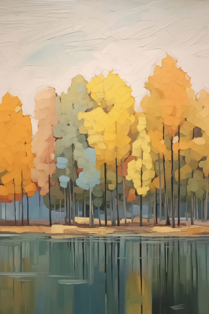 Painting of trees by water Painting of trees by water