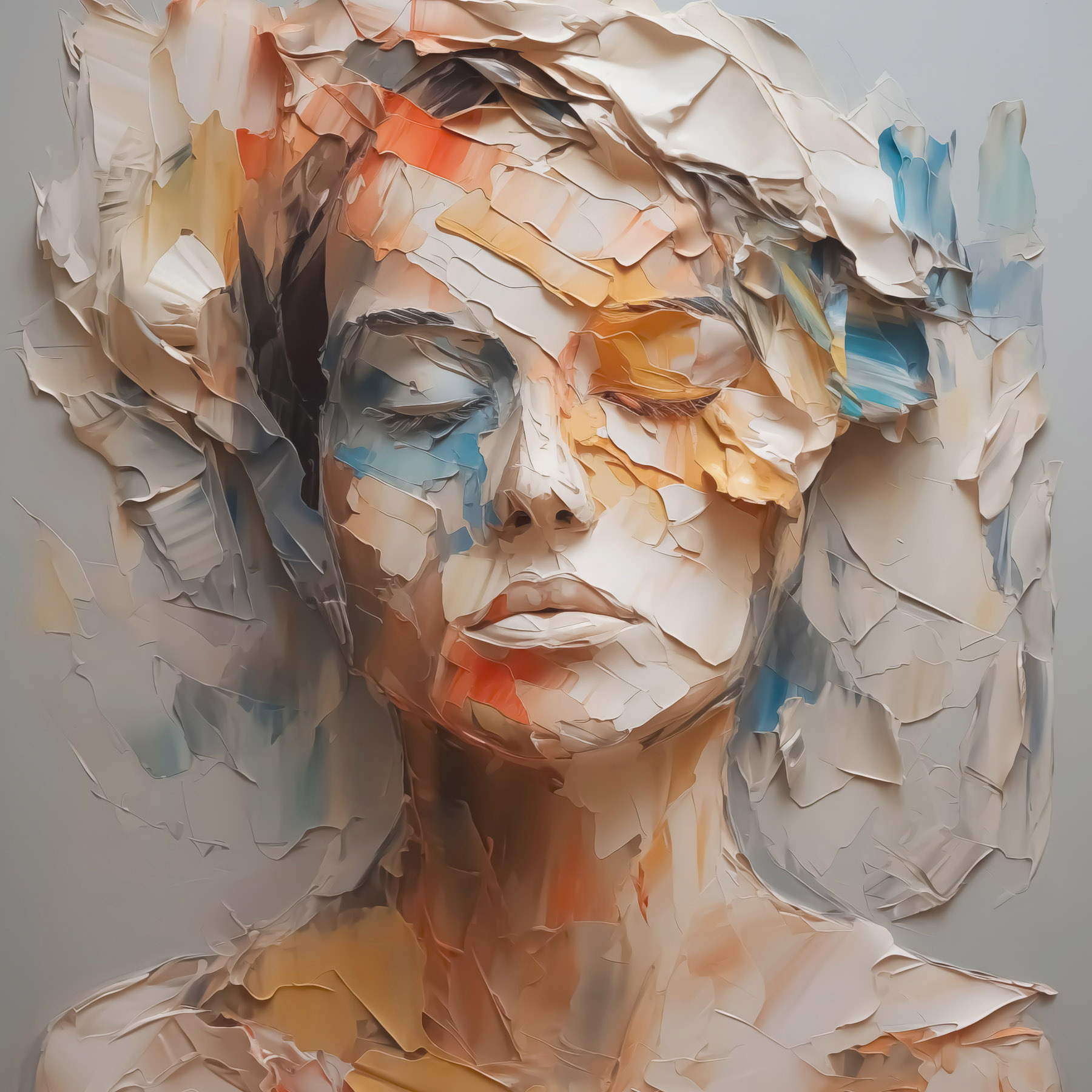 Woman's face covered in torn paper