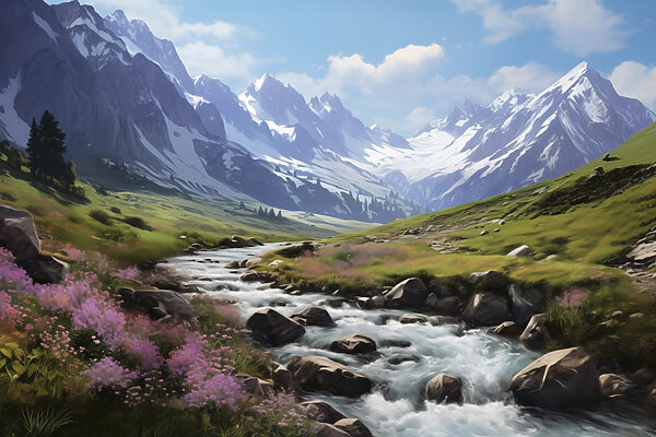 River running through a valley with snow covered mountains