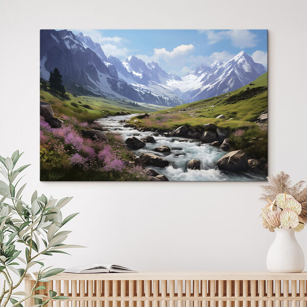 River running through a valley with snow covered mountains