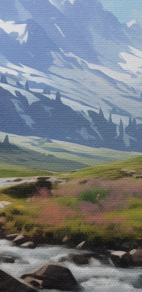 River running through a valley with snow covered mountains