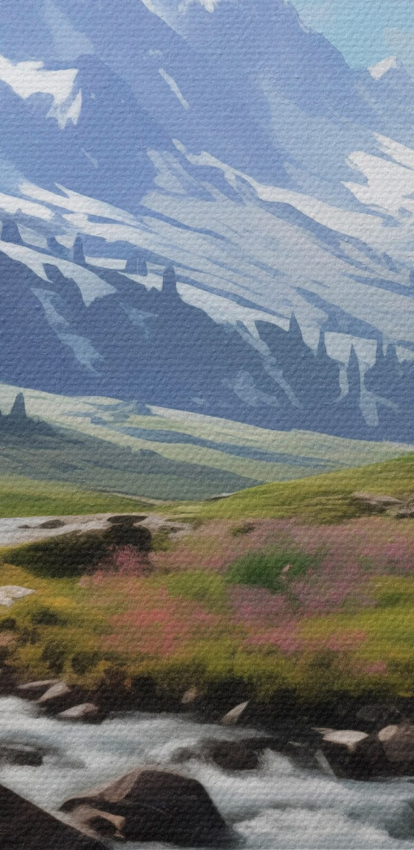 River running through a valley with snow covered mountains