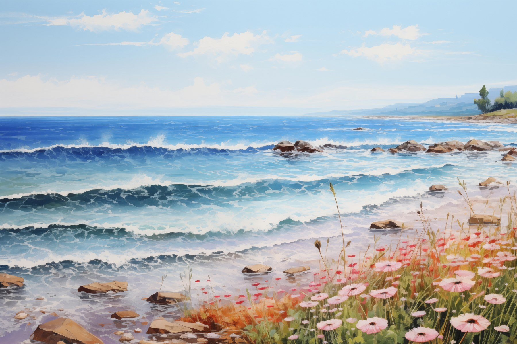 Painting of a beach with flowers and waves Painting of a beach with flowers and waves
