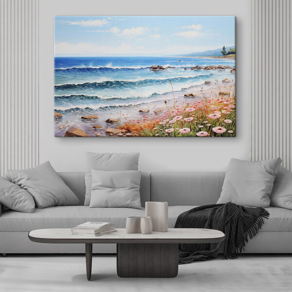 Quadri Dipinto raffigurante una spiaggia con fiori e onde (COD: s42569) Quadri Quadri Dipinto raffigurante una spiaggia con fiori e onde (COD: s42569)