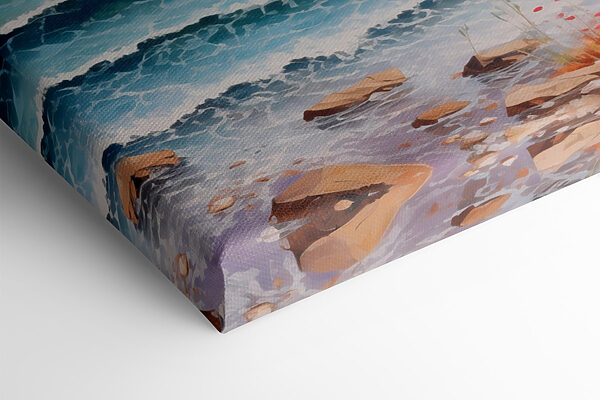 Painting of a beach with flowers and waves Painting of a beach with flowers and waves