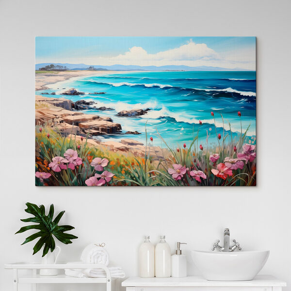 Quadri Dipinto raffigurante una spiaggia con fiori e onde (COD: s42568) Quadri Quadri Dipinto raffigurante una spiaggia con fiori e onde (COD: s42568)