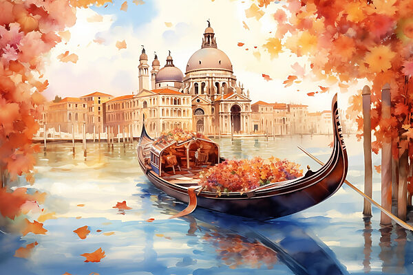 Gondola on water with a building in the background Gondola on water with a building in the background