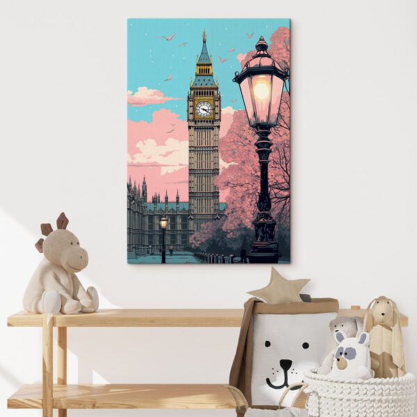 Quadri Quadri Torre dell'orologio con un lampione e degli alberi (COD: s42578)