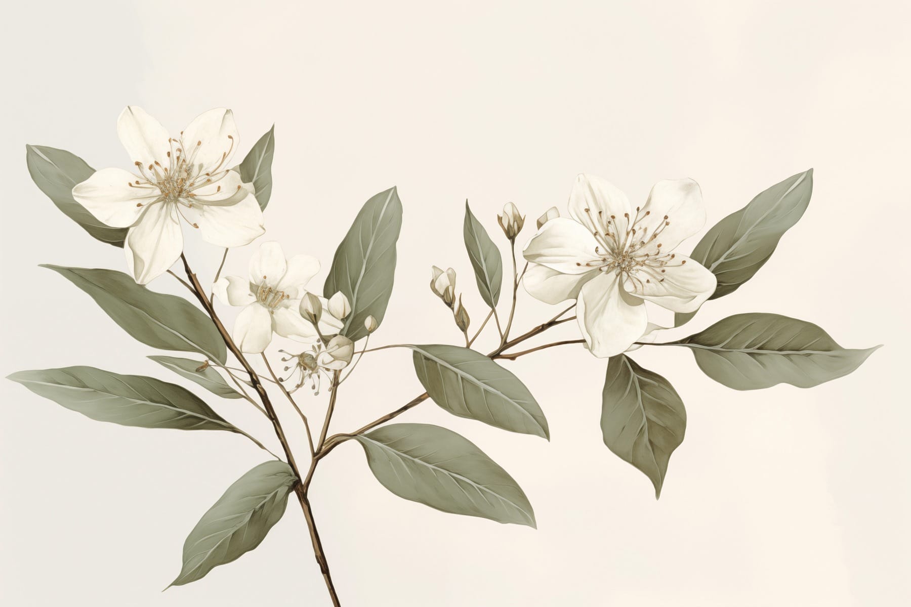White flowers and leaves on a branch White flowers and leaves on a branch