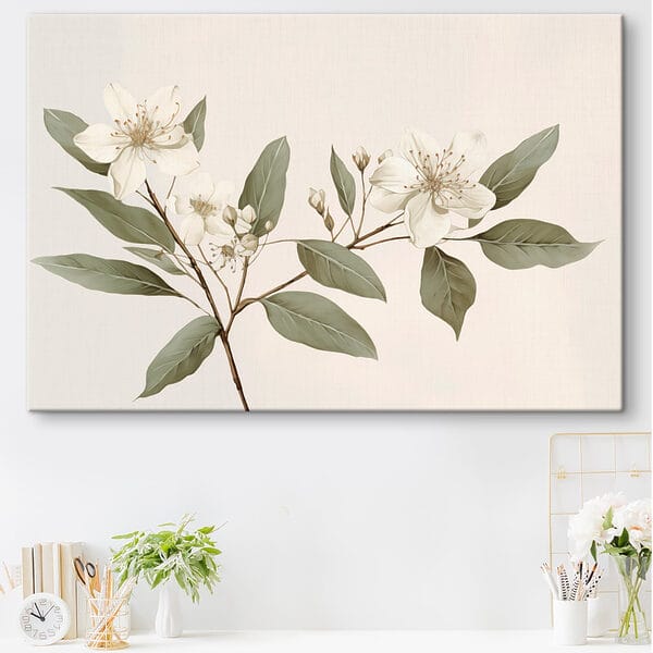 Quadri Quadri Fiori bianchi e foglie su un ramo (COD: s42583)