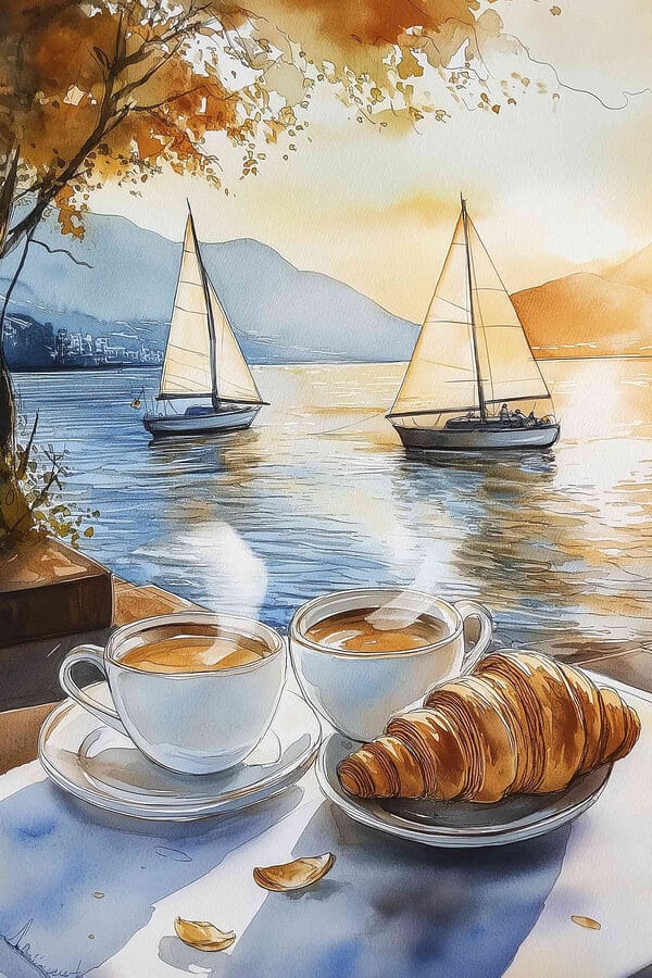 Watercolor of two cups of coffee and a croissant on a table Watercolor of two cups of coffee and a croissant on a table