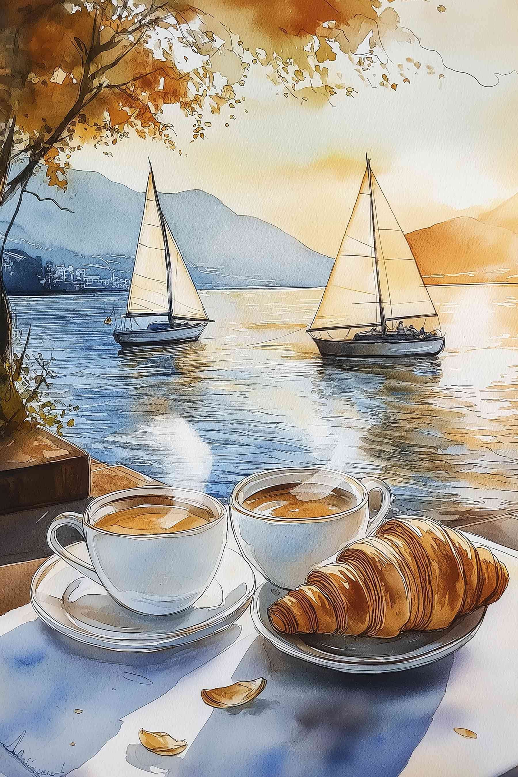 Watercolor of two cups of coffee and a croissant on a table Watercolor of two cups of coffee and a croissant on a table