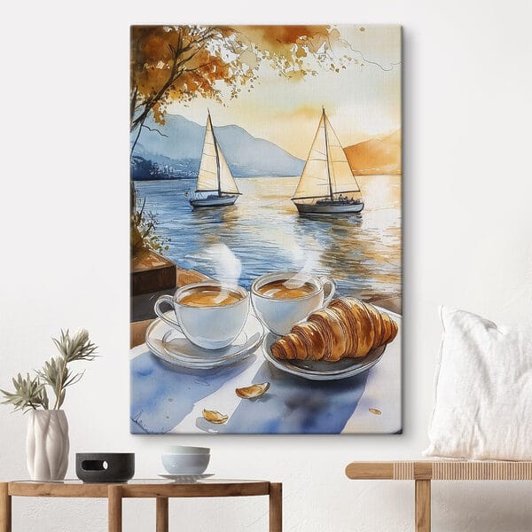 Watercolor of two cups of coffee and a croissant on a table Watercolor of two cups of coffee and a croissant on a table