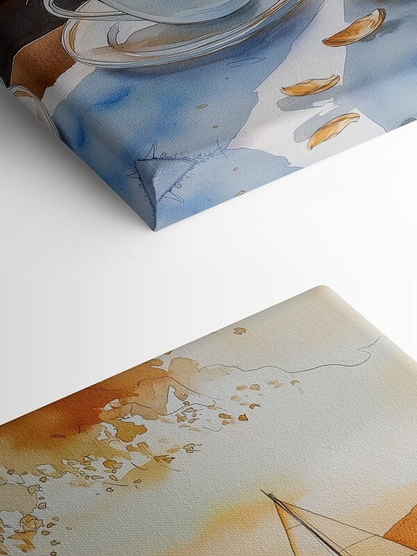 Watercolor of two cups of coffee and a croissant on a table Watercolor of two cups of coffee and a croissant on a table