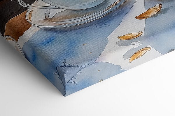 Watercolor of two cups of coffee and a croissant on a table Watercolor of two cups of coffee and a croissant on a table