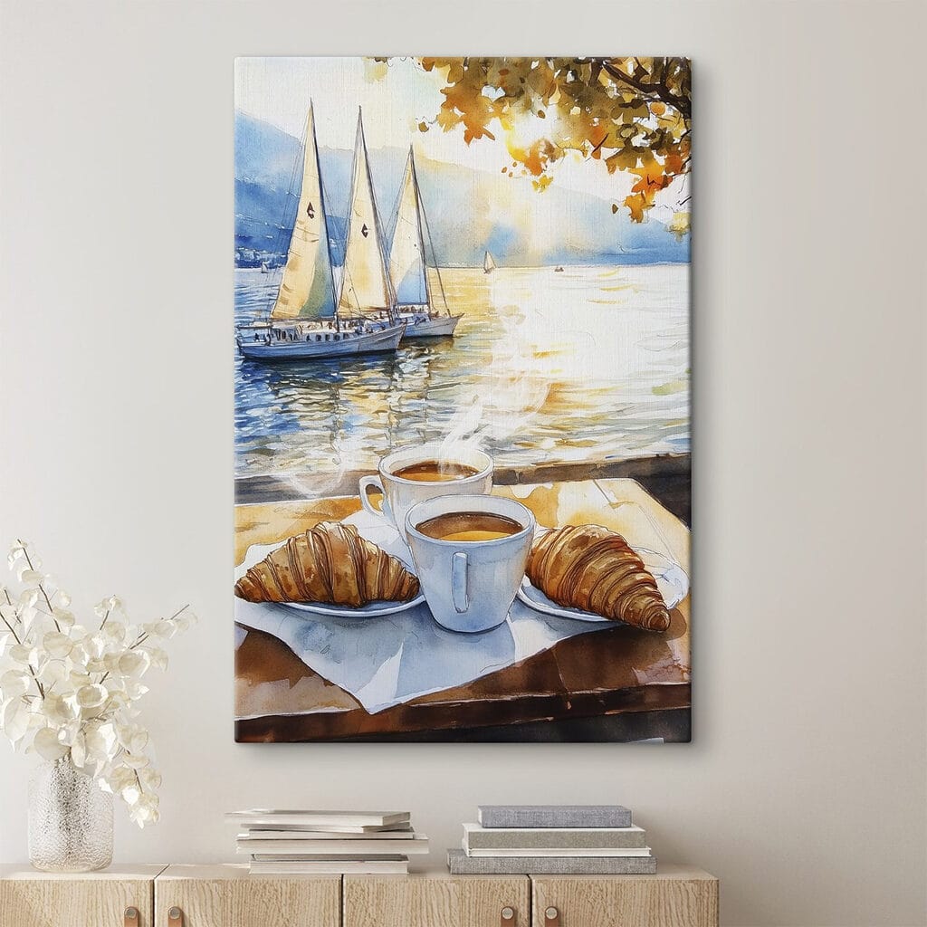 Watercolor painting of a table with coffee and croissants Watercolor painting of a table with coffee and croissants