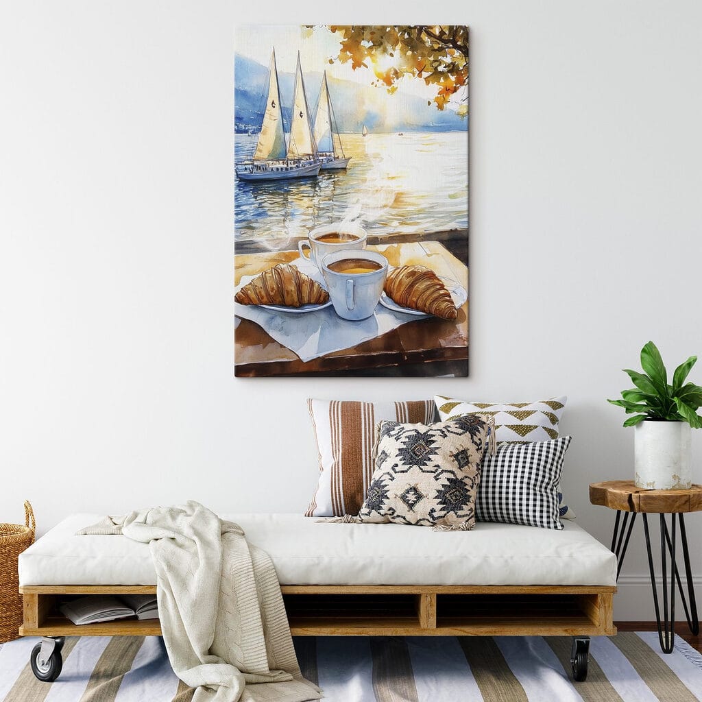 Watercolor painting of a table with coffee and croissants Watercolor painting of a table with coffee and croissants