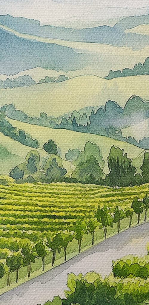 Painting of wine glasses and grapes on a table in front of a vineyard Painting of wine glasses and grapes on a table in front of a vineyard