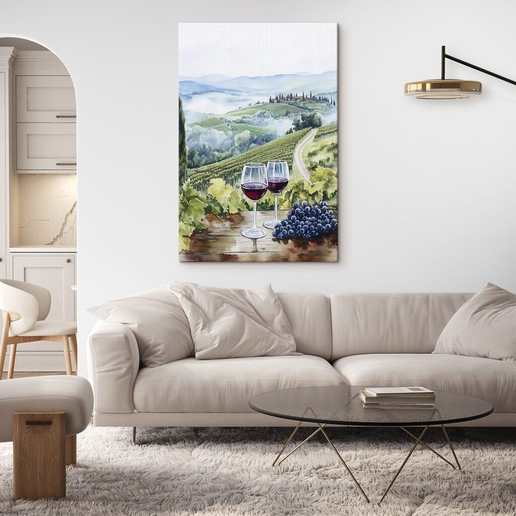 Watercolor of wine glasses on a table with grapes and hills in the background Watercolor of wine glasses on a table with grapes and hills in the background