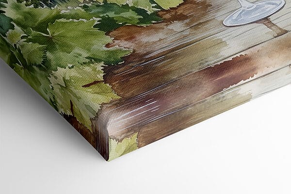 Watercolor of wine glasses on a table with grapes and hills in the background Watercolor of wine glasses on a table with grapes and hills in the background