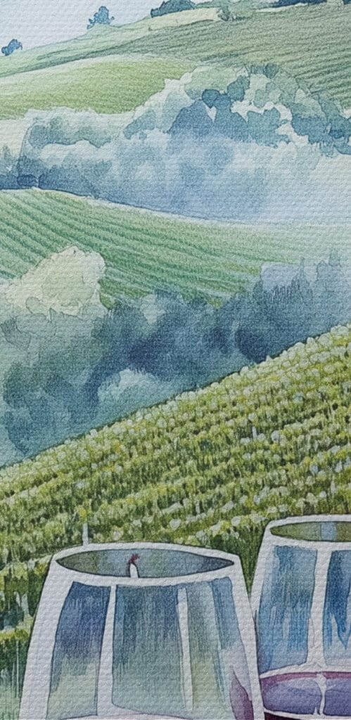 Watercolor of wine glasses on a table with grapes and hills in the background Watercolor of wine glasses on a table with grapes and hills in the background