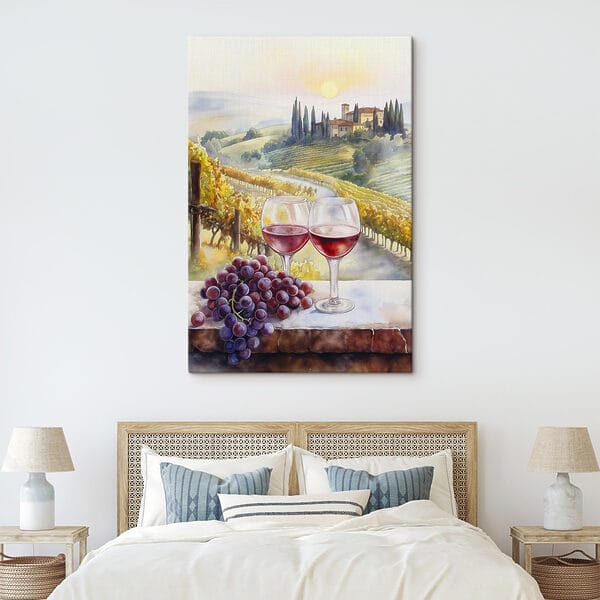 Quadri Quadri Acquerello raffigurante bicchieri da vino e grappoli d'uva (COD: s42446)