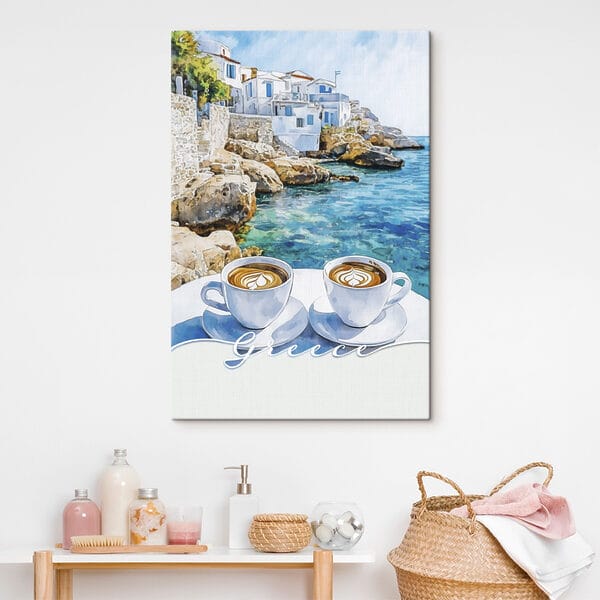 Two cups of coffee on a table by the water
