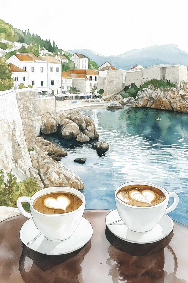 Two cups of coffee with a heart shaped foam on top of a table overlooking a body of water Two cups of coffee with a heart shaped foam on top of a table overlooking a body of water