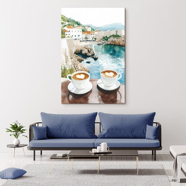 Quadri Quadri Due tazze di caffè con la schiuma a forma di cuore su un tavolo affacciato su uno specchio d'acqua (COD: s42448)