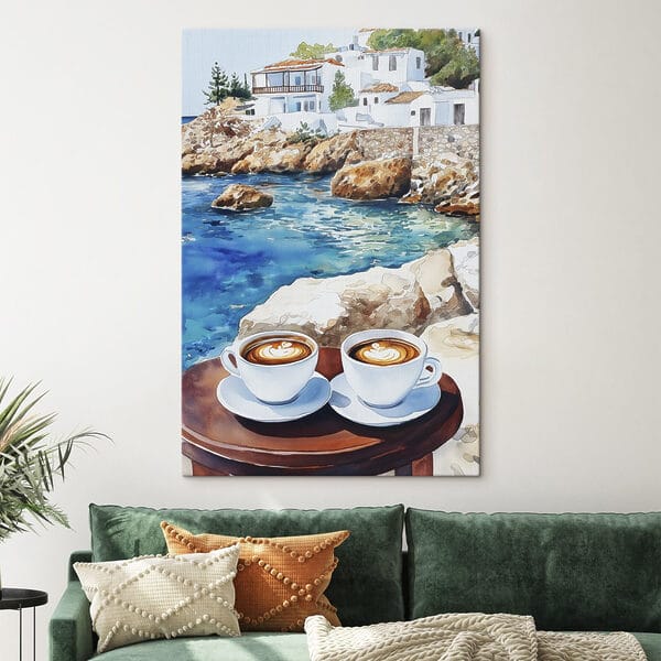 Due tazze di caffè su un tavolo in riva al mare Quadri Due tazze di caffè su un tavolo in riva al mare