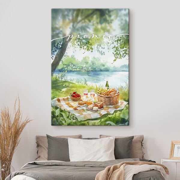 Quadri Quadri Acquerello raffigurante un picnic con cibo e vino su una coperta in riva al lago (COD: s42450)