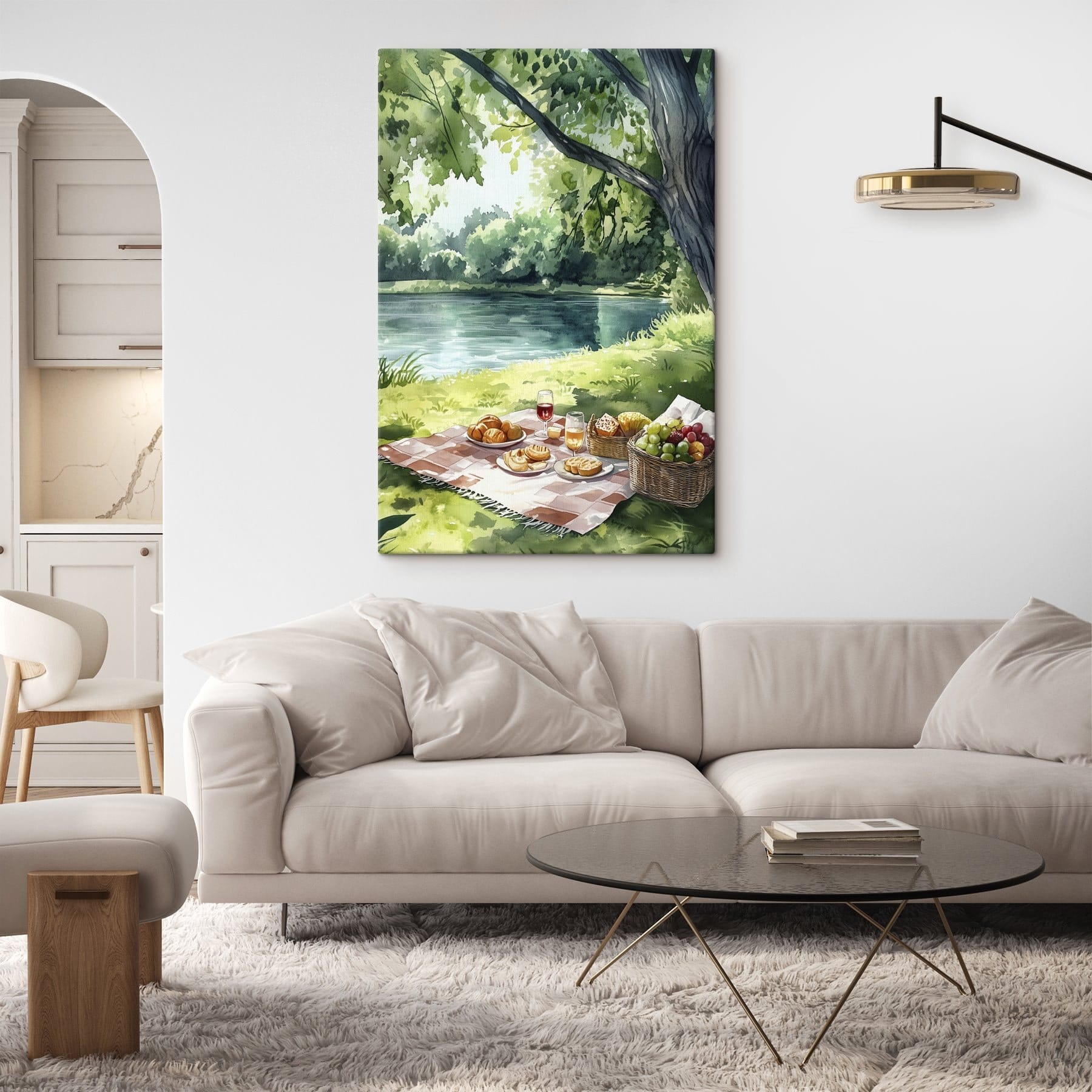 Watercolor painting of food on a picnic blanket by a lake