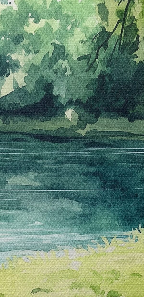 Watercolor painting of food on a picnic blanket by a lake