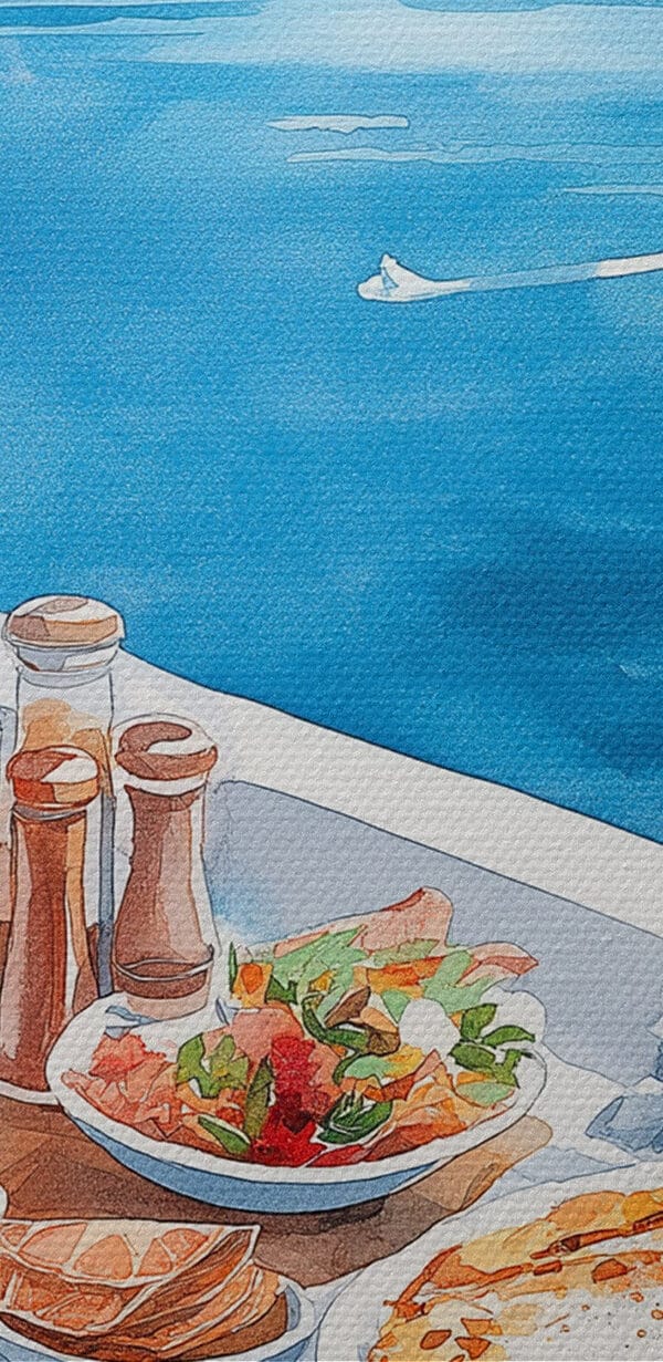 Watercolor painting of food on a table overlooking a body of water