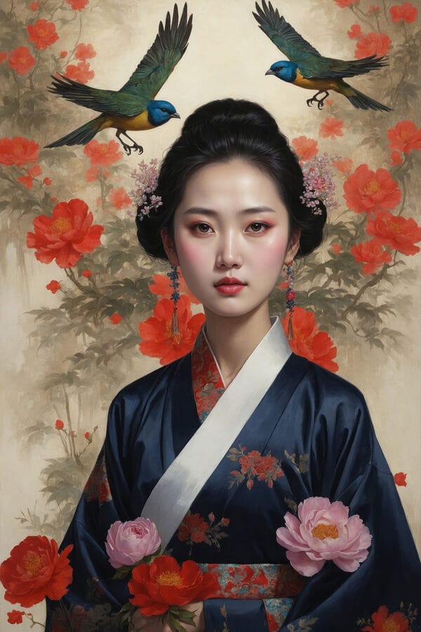 Woman in a kimono with flowers and birds