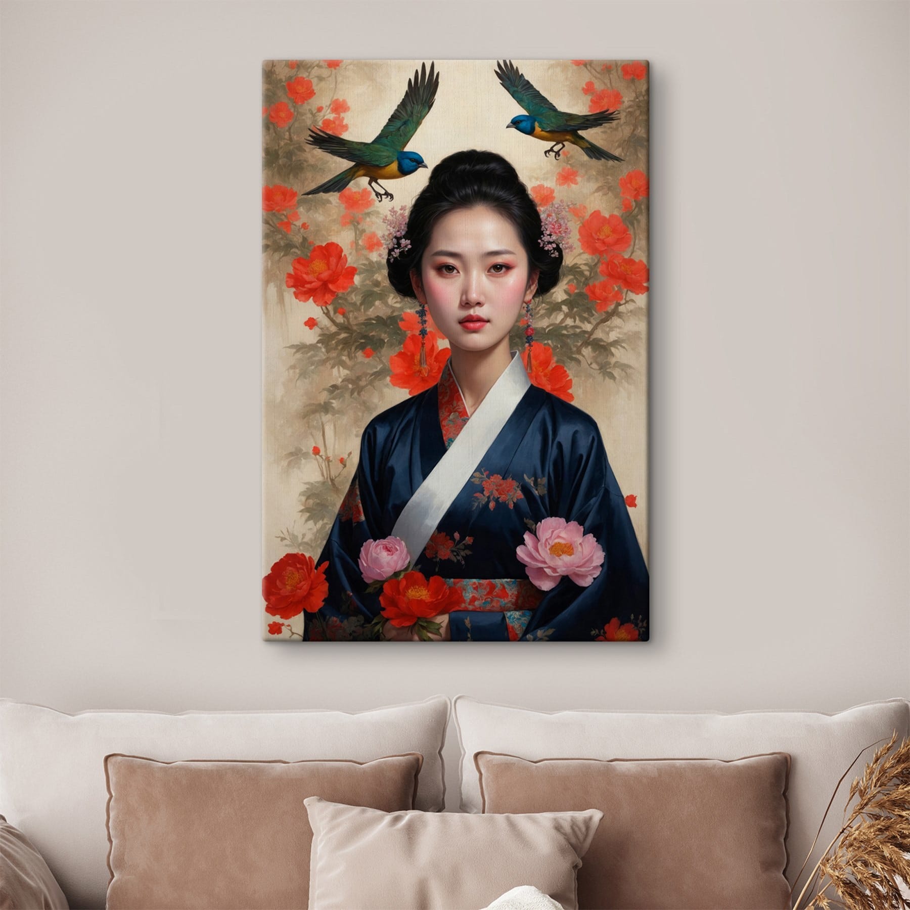 Woman in a kimono with flowers and birds