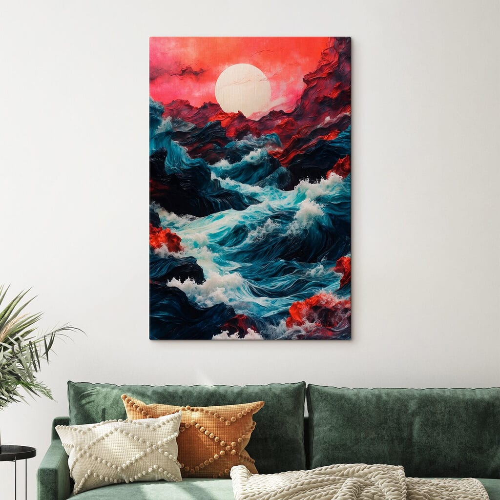 Painting of waves and mountains