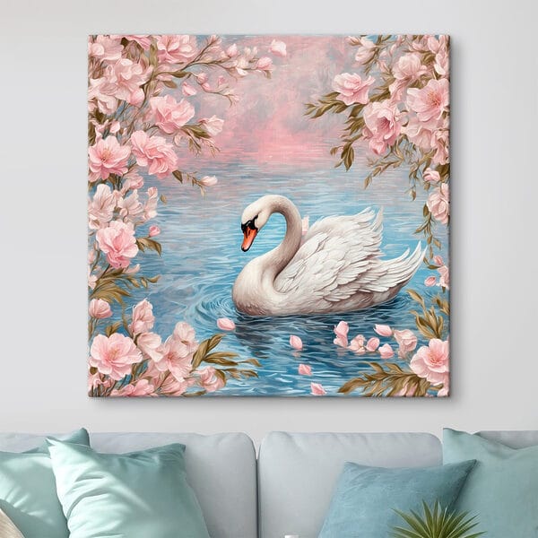 Quadri Quadri Cigno che nuota in un laghetto con fiori rosa (COD: s42543)