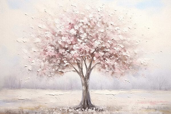 Painting of a tree with pink flowers