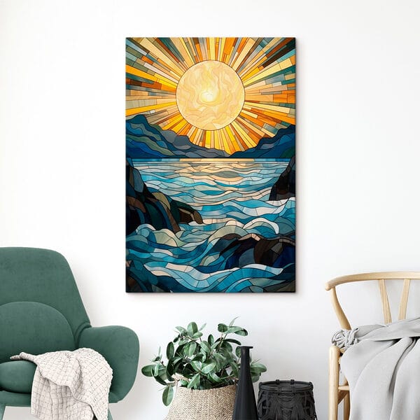 Stained glass window with a sun over a river Stained glass window with a sun over a river
