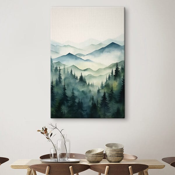 Quadri Dipinto raffigurante una catena montuosa con alberi e nebbia (COD: s42662) Quadri Quadri Dipinto raffigurante una catena montuosa con alberi e nebbia (COD: s42662)