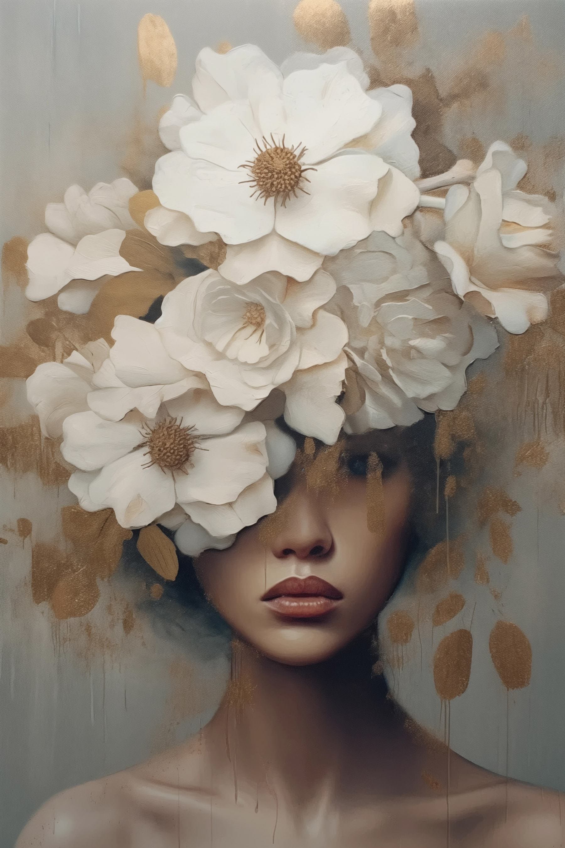 Painting of a woman with flowers on her head Painting of a woman with flowers on her head
