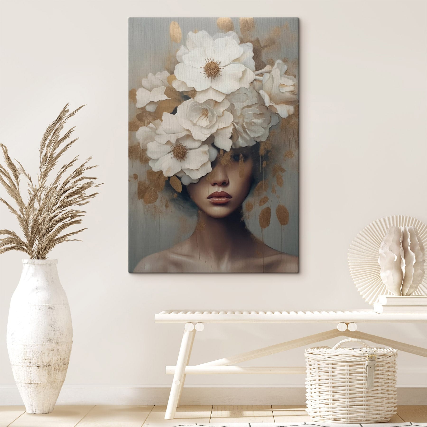 Painting of a woman with flowers on her head Painting of a woman with flowers on her head