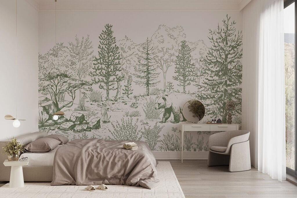 Drawing of a bear in a forest