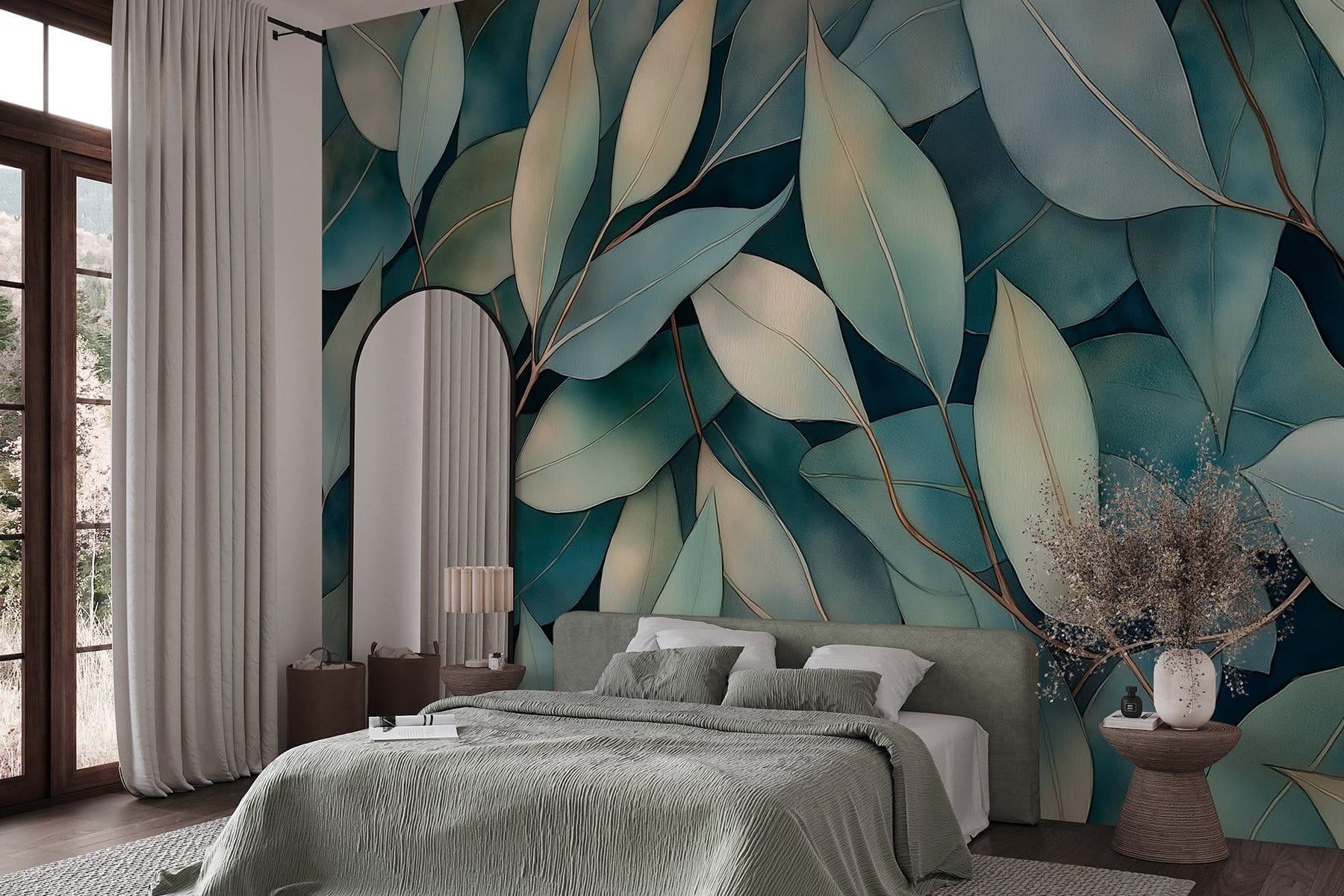 Group of leaves on a blue background