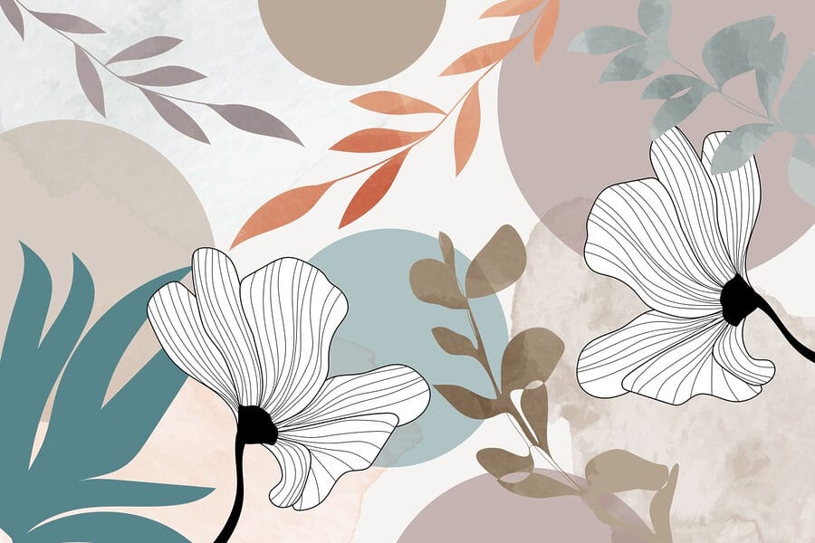 Fiori bianchi con foglie marroni e cerchi blu
