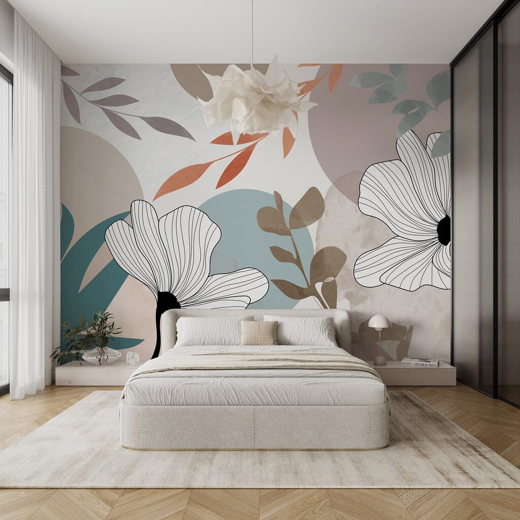 White flowers with brown leaves and blue circles White flowers with brown leaves and blue circles