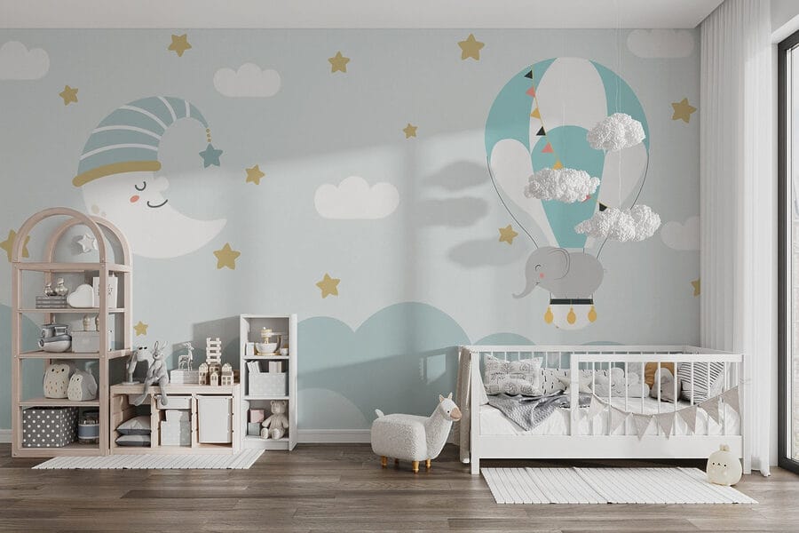 Cartone animato con elefante e luna nel cielo